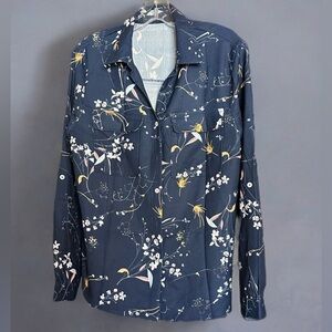 NEW WOMENS PRINTED FASHION LONG SLEEVE BUTTON DOWN V NECK CASUAL DRESS SHIRT L